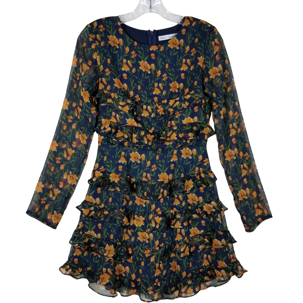 Saints + Secrets Ruffle Mini Dress Women XS Navy Blue Floral Long Sleeve Chiffon